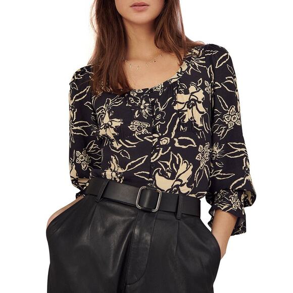 Ba&Sh 'Sessee' Black Floral Print Three Quarter Sleeve U Neck Button Blouse - Picture 1 of 5